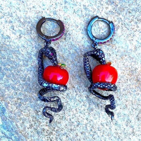 First People First Gun Metal Snake & Red Forbidden Apple Earrings. NWOT - Picture 5 of 9